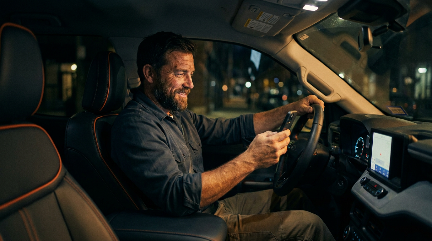 A contractor in his truck at night manages his AI voice generator for contractor after-hours answering on his smartphone.