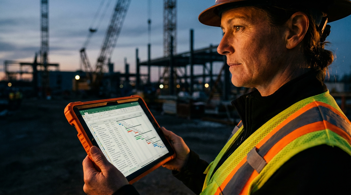A contractor reviews a project schedule on a tablet, demonstrating the practical application of AI vs. Machine Learning on a job site.