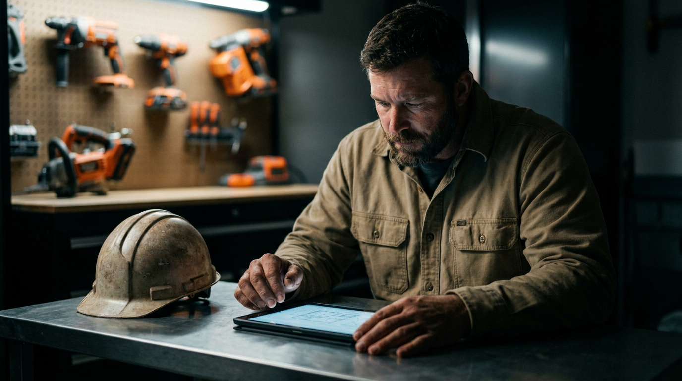An estimator reviews a digital blueprint on a tablet, considering if AI estimating is more accurate than manual takeoff.