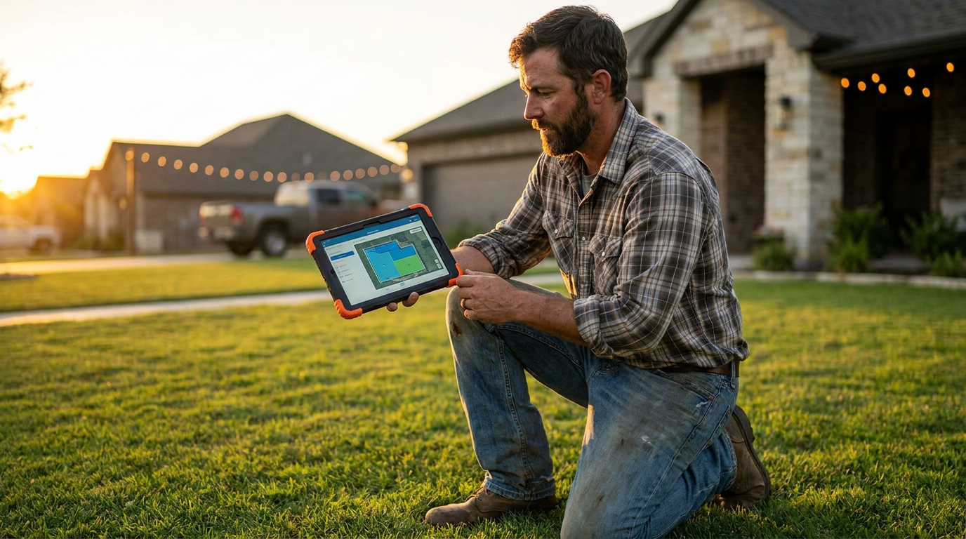 A Texas landscaper uses a tablet for AI water management on a residential lawn, demonstrating smart irrigation technology.
