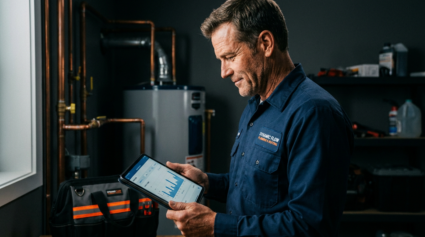 An Arizona plumber uses a tablet for AI water usage monitoring in a modern home.