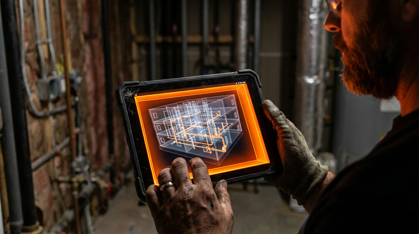 A plumber using a tablet with an AI model to analyze water pressure in a multi-story building's plumbing system.