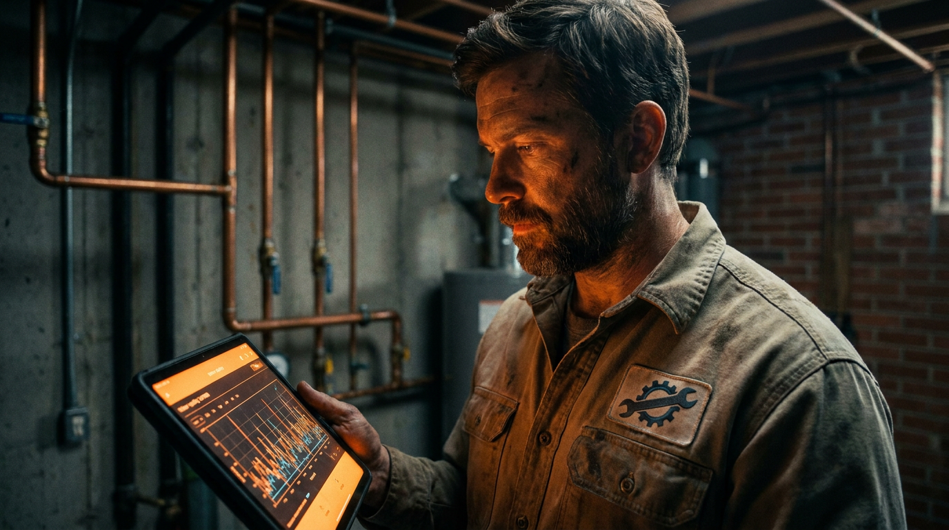 A plumber using a tablet for AI for home water quality testing in a residential basement.