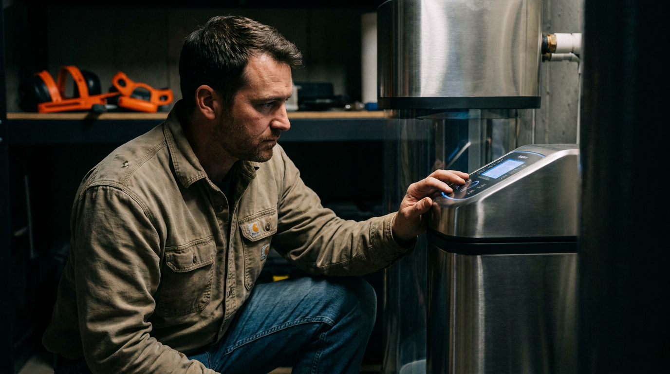 A professional plumber inspecting a modern AI water softener for homes in the Great Lakes region, checking its smart display.