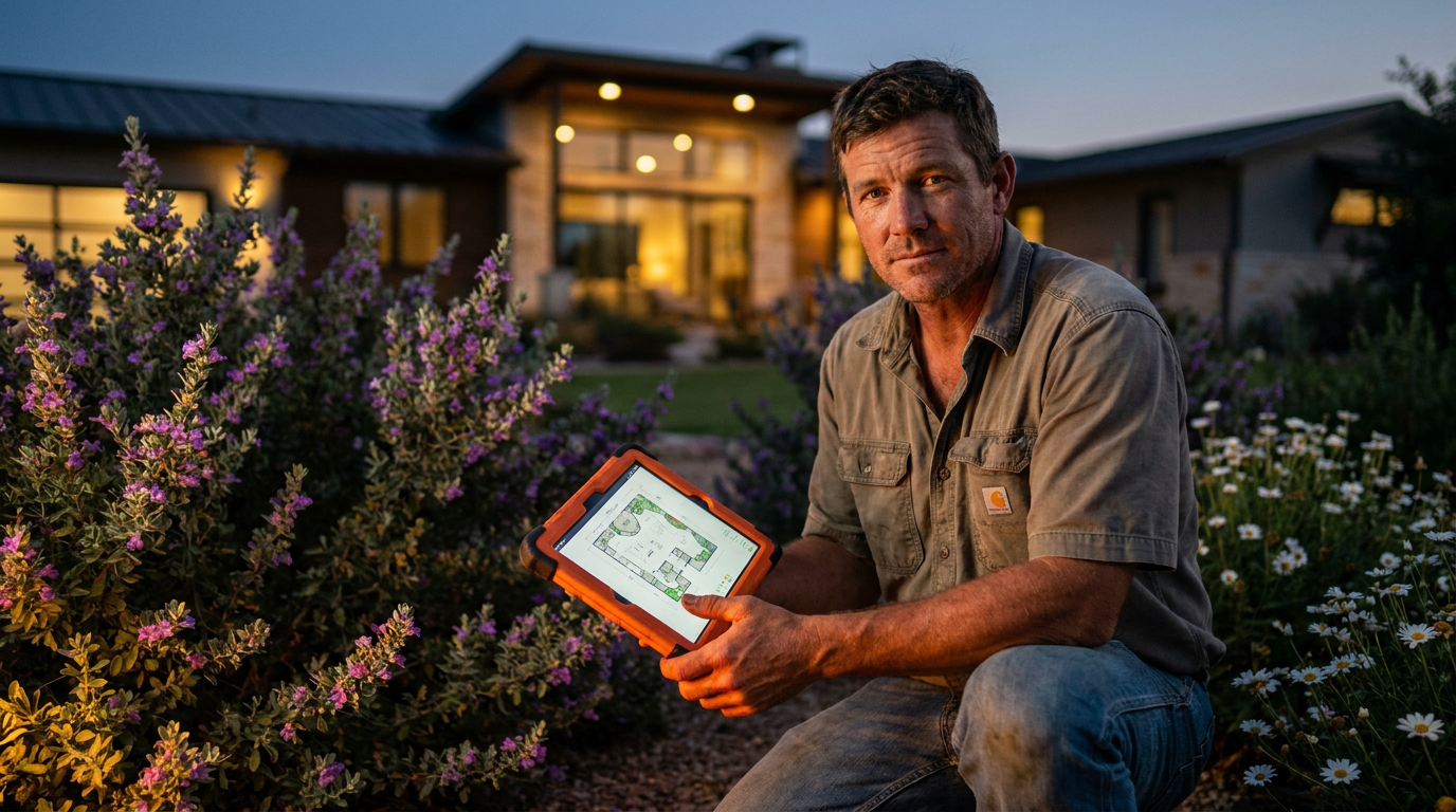 A professional landscaper using a tablet with AI for water-wise lawn alternatives in a modern Texas yard.