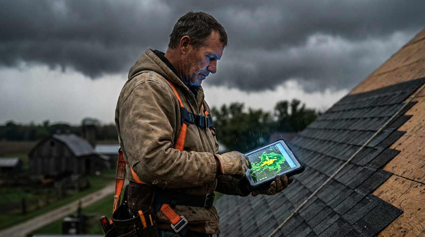 A Midwest roofer checks an AI weather prediction on his tablet as storm clouds gather, illustrating the importance of accurate forecasts.