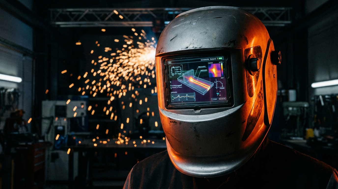 A modern welding helmet in a fabrication shop, demonstrating the use of AI for welding quality control.