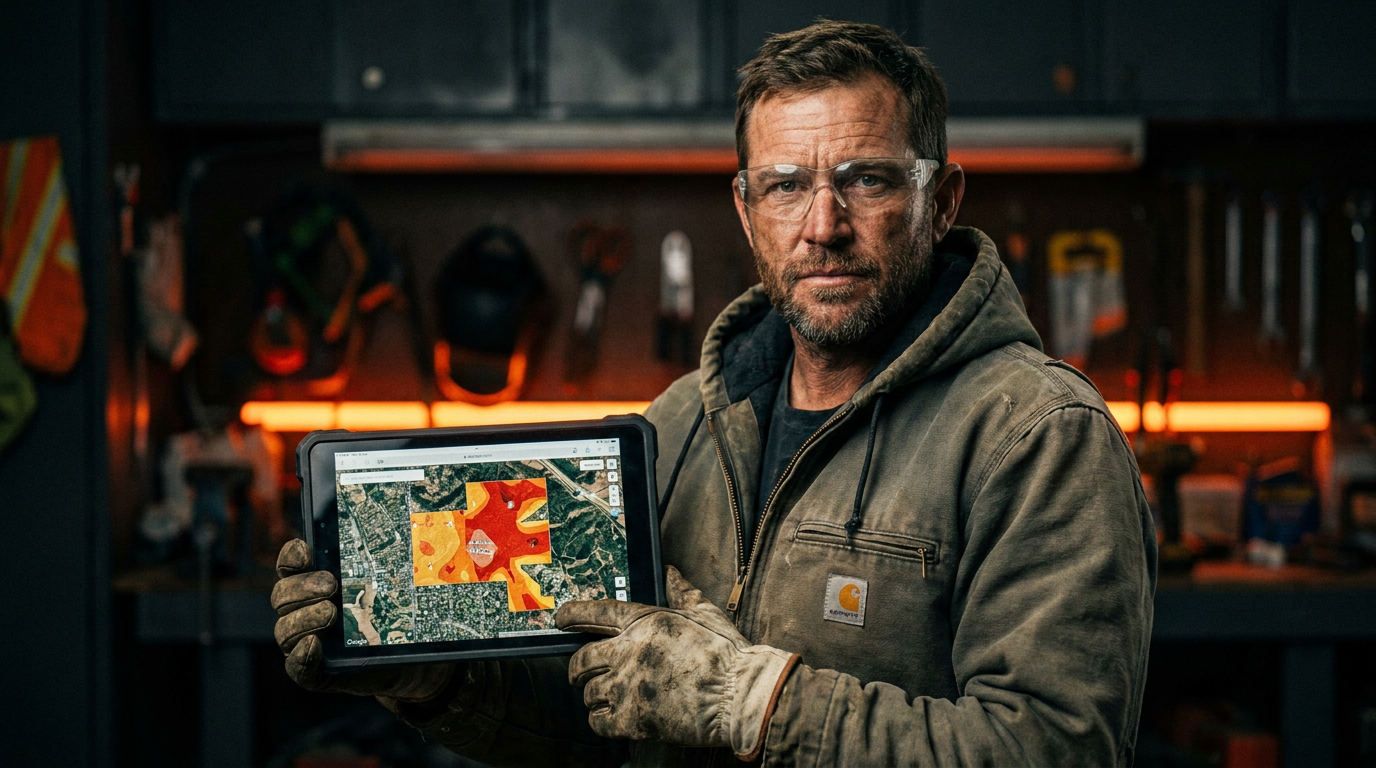 A landscaper using a tablet with AI for wildfire defensible space analysis in a California setting.