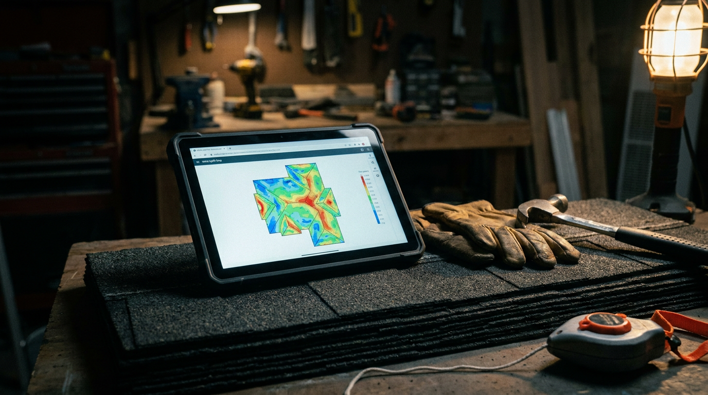 A tablet displaying AI wind uplift calculation tools for Florida roofing sits on a stack of shingles, representing modern tech in the trade.