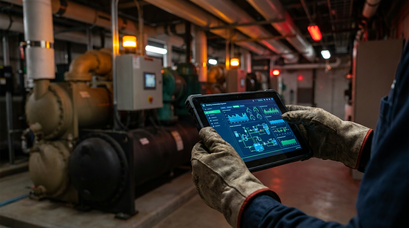 An HVAC technician reviews an AI-generated sequence of operations on a tablet in a commercial mechanical room.
