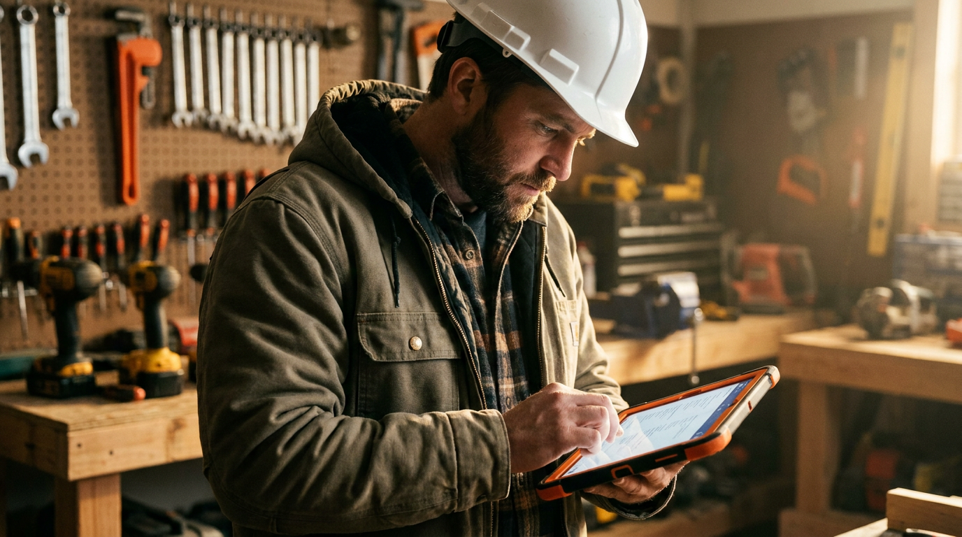 A trade business owner using a tablet and AI to write a trade job description for a skilled position.