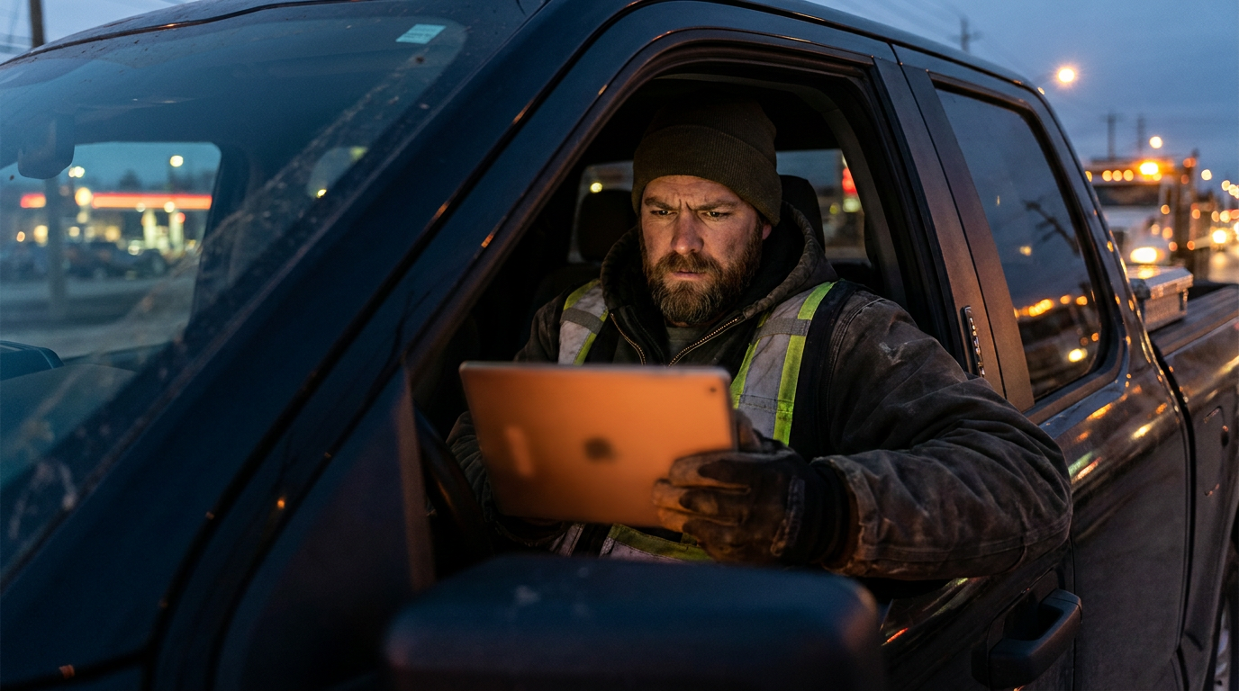 A contractor using a tablet in his truck, demonstrating the use of AI for writing detailed trade proposals.