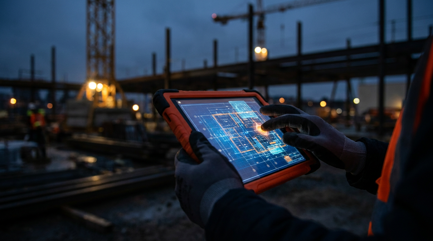 A contractor uses a tablet to perform an AI-assisted takeoff, comparing ArcSite vs Plangrid.