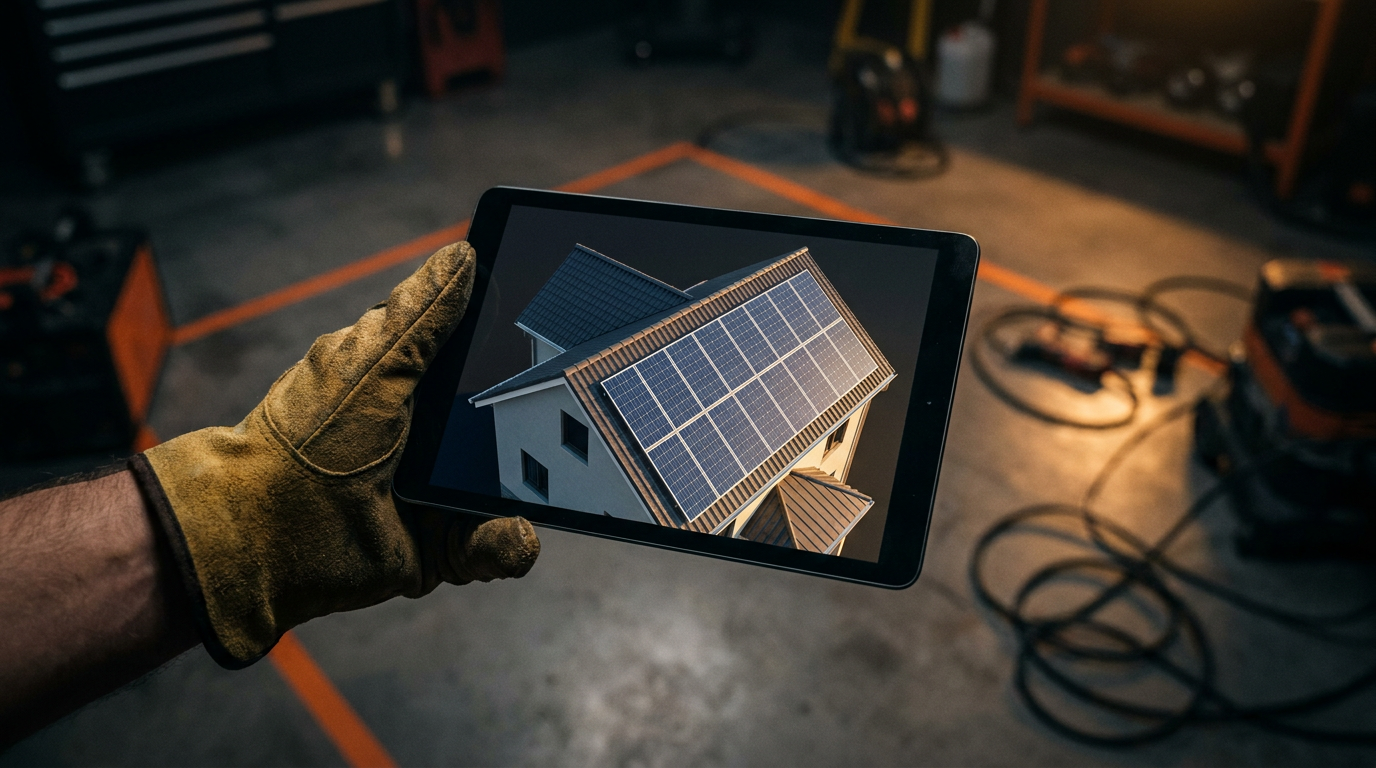 An electrician using a tablet to review an AI for solar panel layout design for a home in Arizona.