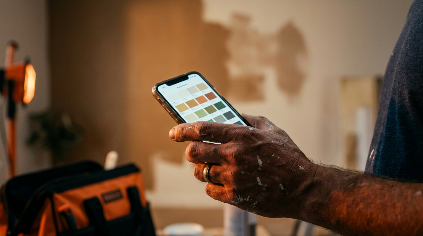 A professional painter uses a smartphone app, comparing Benjamin Moore Color Portfolio vs Sherwin-Williams ColorSnap AI on a jobsite.