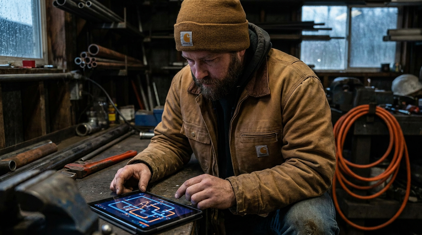 A plumber in the Pacific Northwest using a tablet with AI plumbing tools to analyze a job.