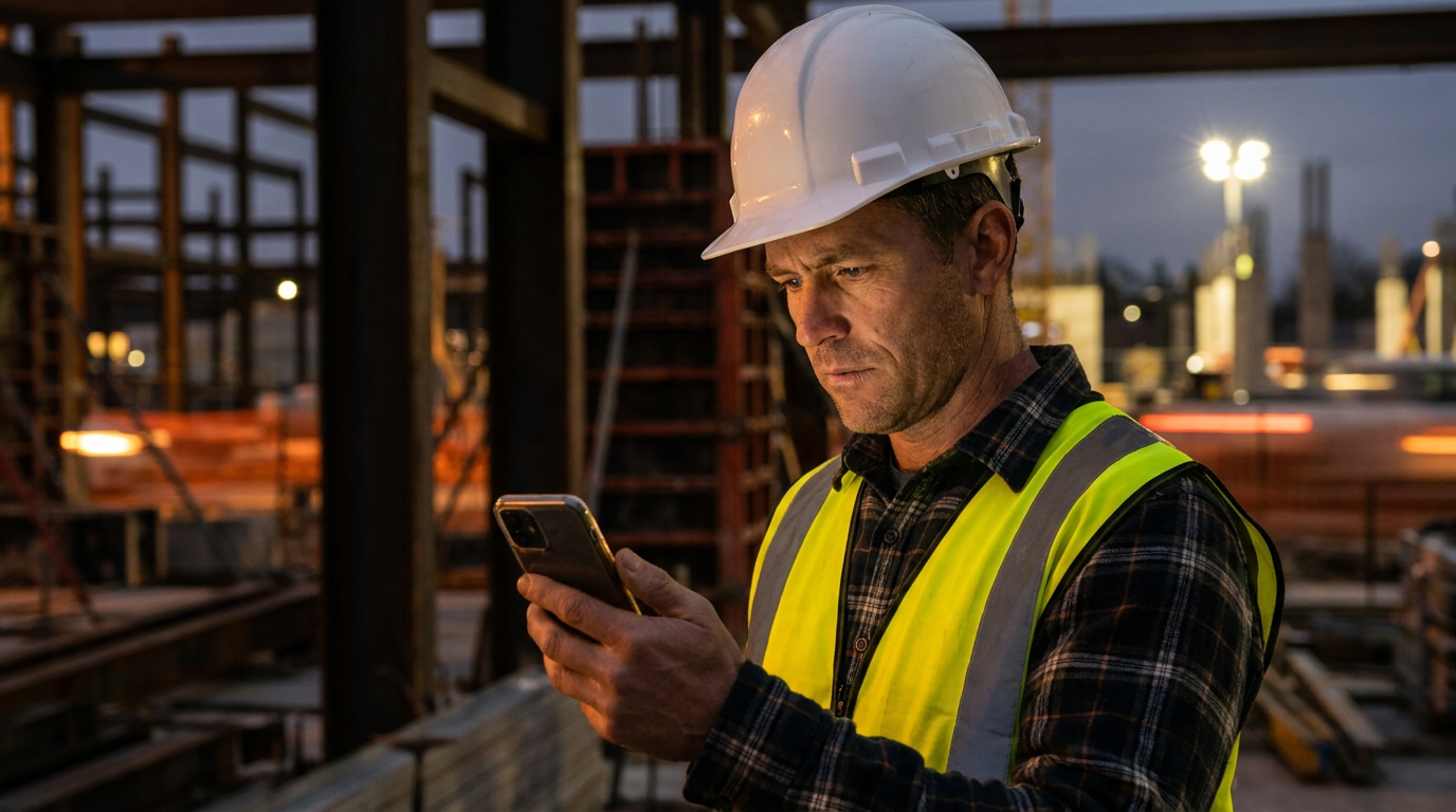 A construction manager using a smartphone to find the best AI transcription for noisy construction sites.