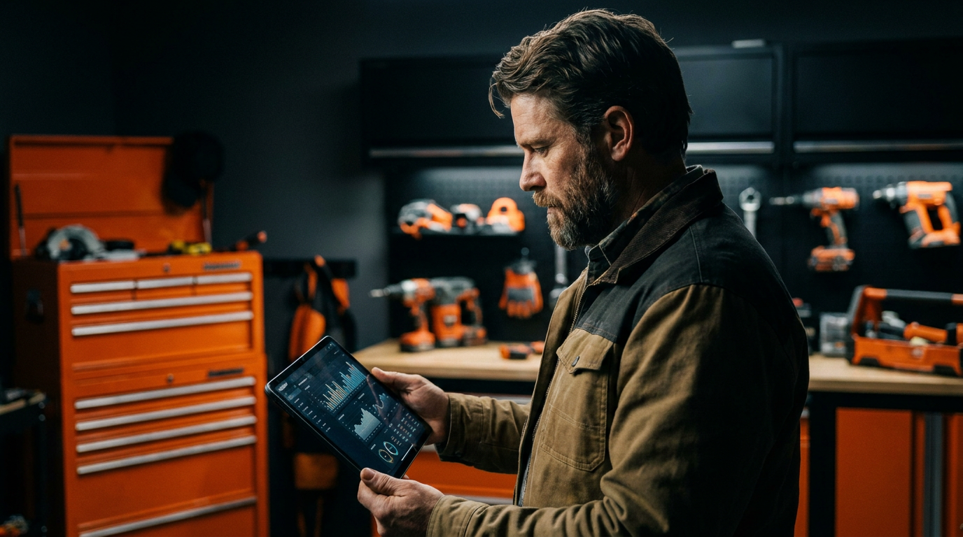 A contractor reviews business data on a tablet, comparing Bonsai vs Honeybook AI for their trade business.
