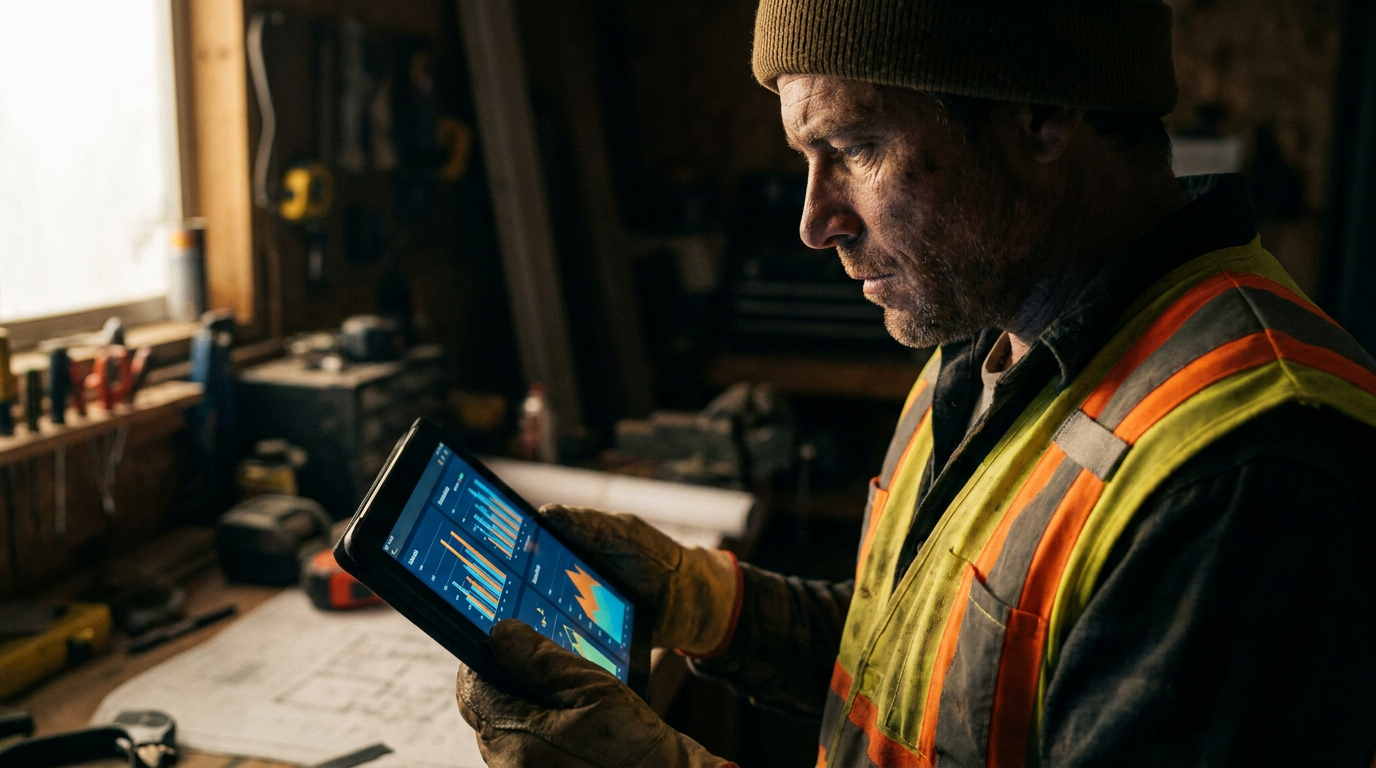 A trade business owner using a tablet to build a custom AI pricing model in their workshop.