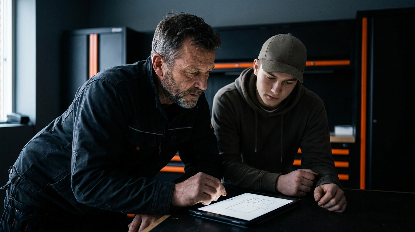 A journeyman and apprentice using a tablet, demonstrating the process of using AI to create an onboarding plan for new apprentices in a workshop.