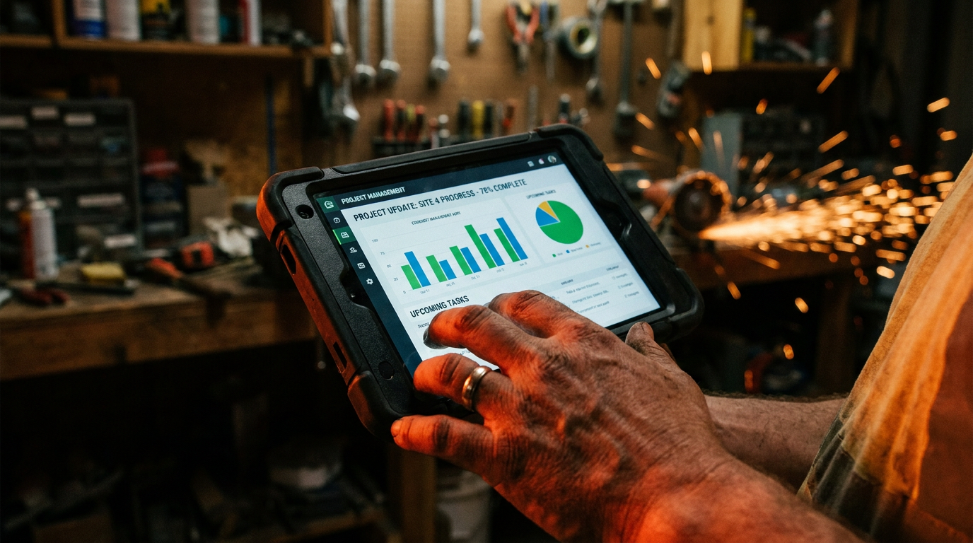 A contractor uses a tablet to build a business knowledge base with AI, demonstrating modern operational efficiency on the jobsite.