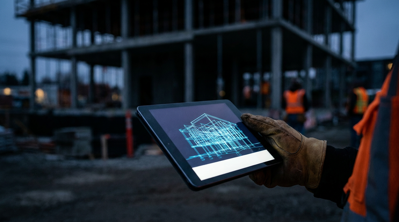 A skilled tradesperson uses a tablet for an AI-generated training manual on a construction site.