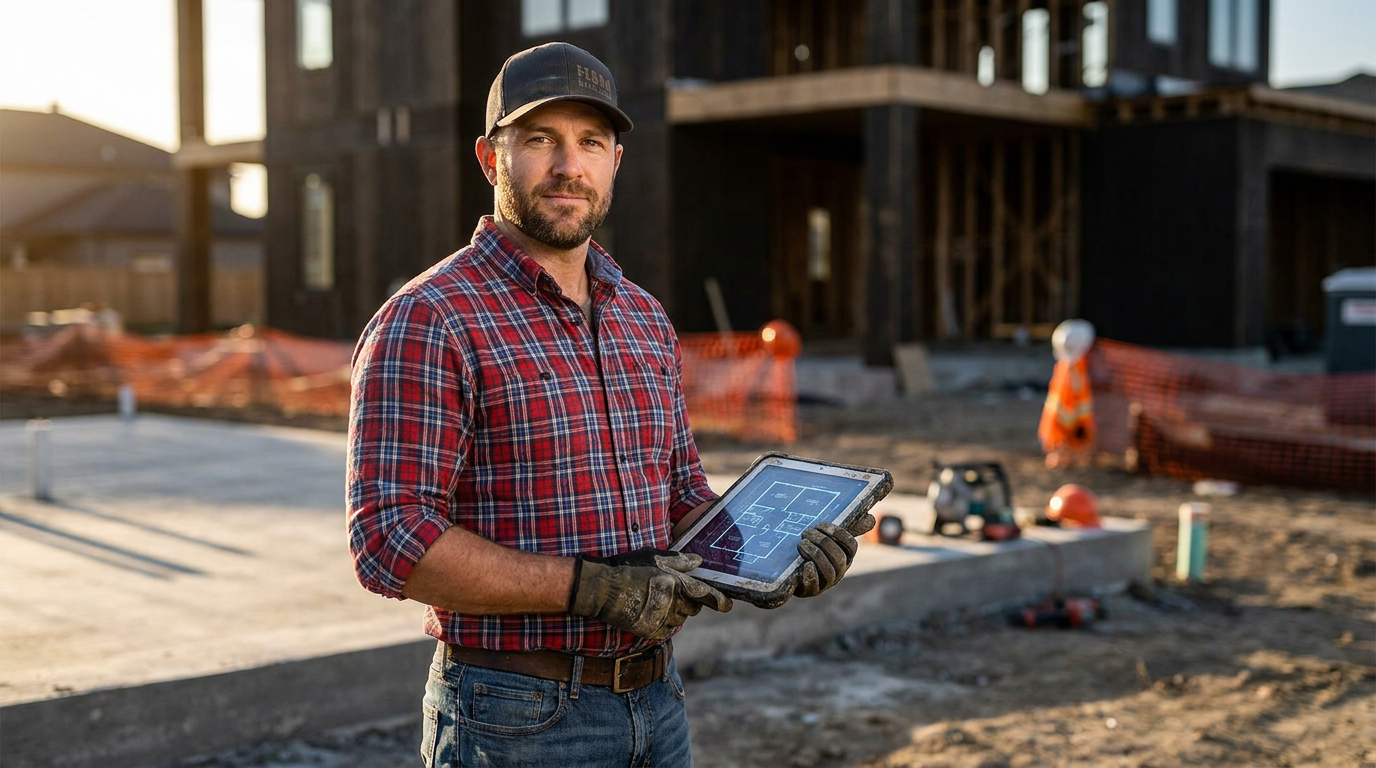 A contractor reviews plans on a tablet, comparing Buildern vs Houzz Pro AI estimating software on a modern residential job site.