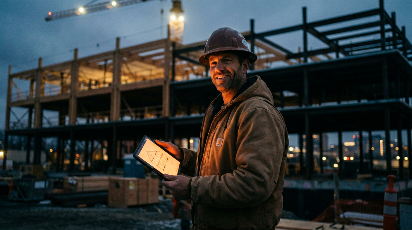A general contractor reviews plans on a tablet, comparing Buildertrend vs Procore AI features for their next project.