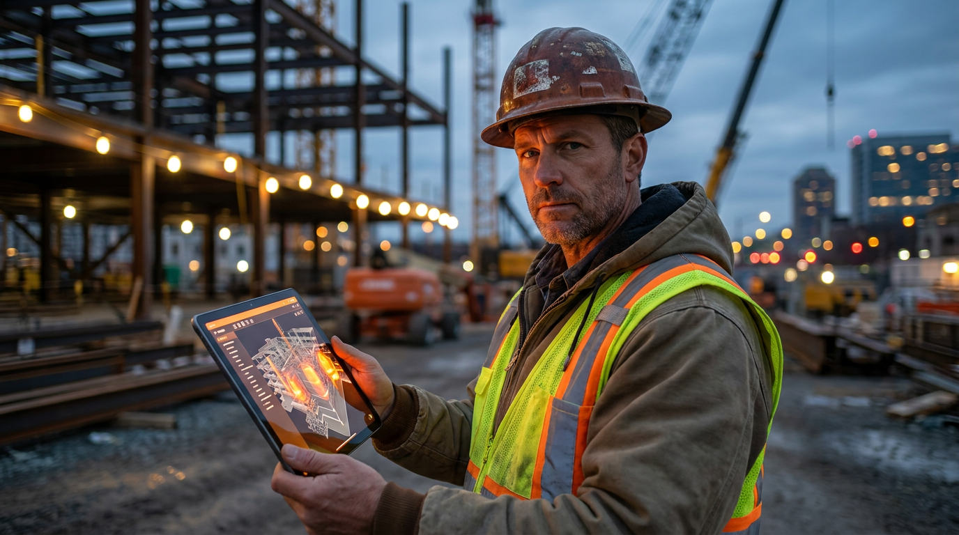 A construction manager reviews a tablet showing a Buildots vs Disperse AI comparison on a jobsite.