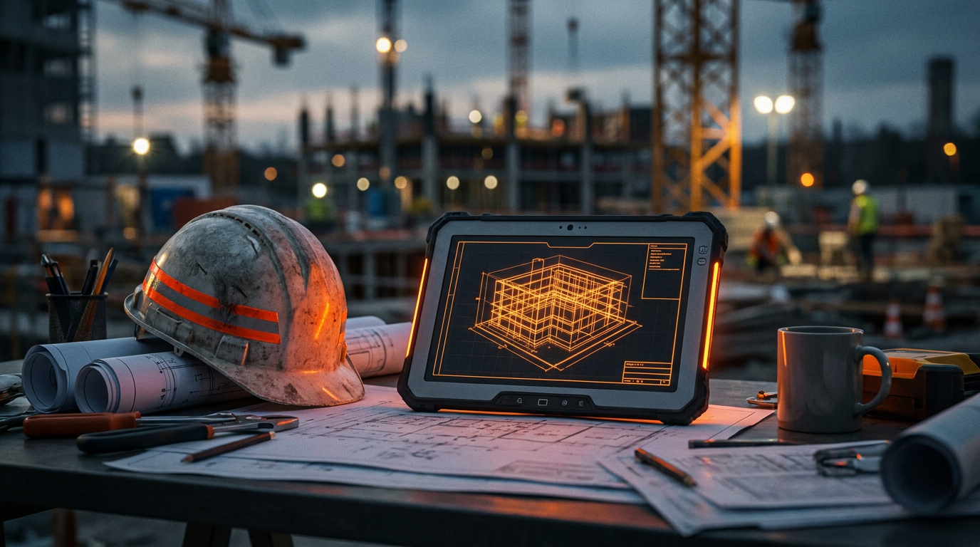 A contractor's tablet displaying an AI-generated building plan, illustrating a comparison of Buildxact vs CoConstruct AI features.