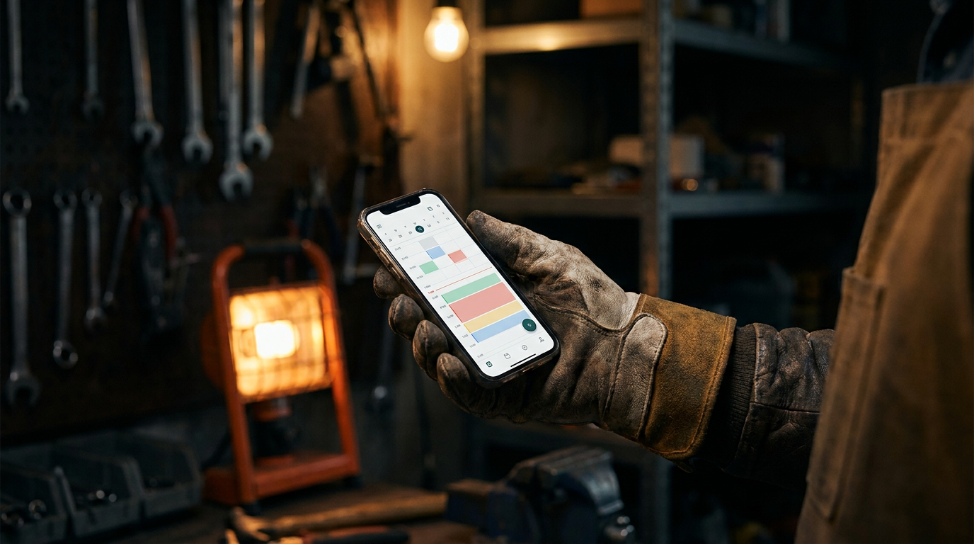 A close-up of a contractor's hand holding a smartphone, comparing Calendly AI vs Acuity Scheduling AI for his service business.