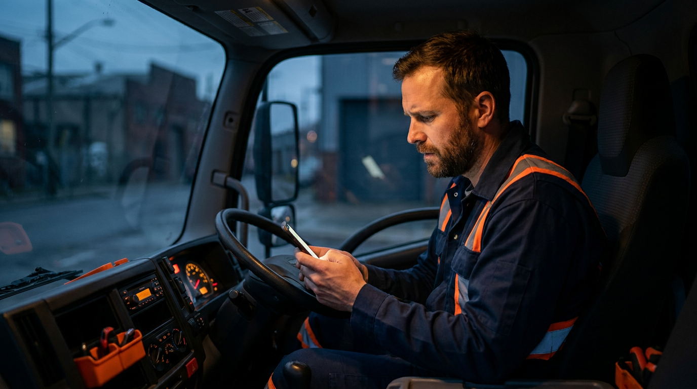 A California plumber using a smartphone in his truck to manage his business with an AI review response generator.