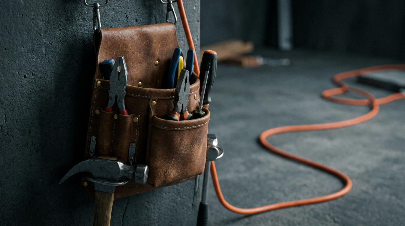 A close-up of an electrician's toolbelt, representing the process to check an electrician's license status.