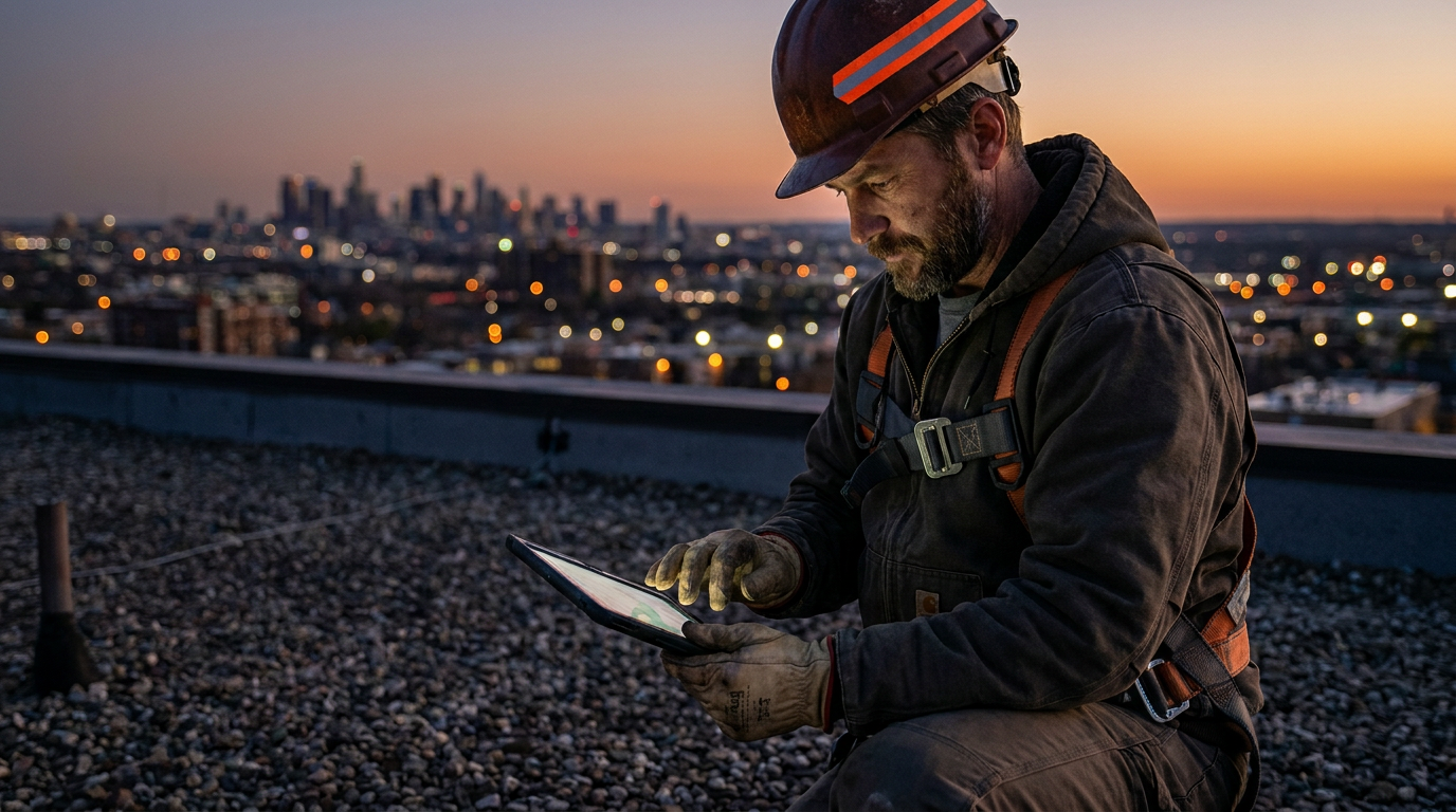 A commercial roofer using a tablet where an AI might be used to generate a commercial roof maintenance plan.