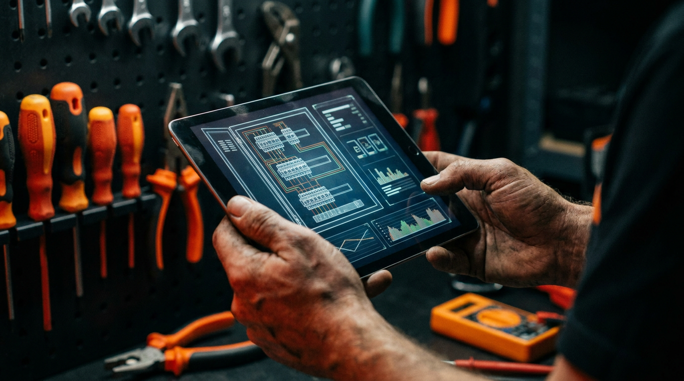An electrician uses a tablet with an AI-generated electrical panel schedule in a workshop.