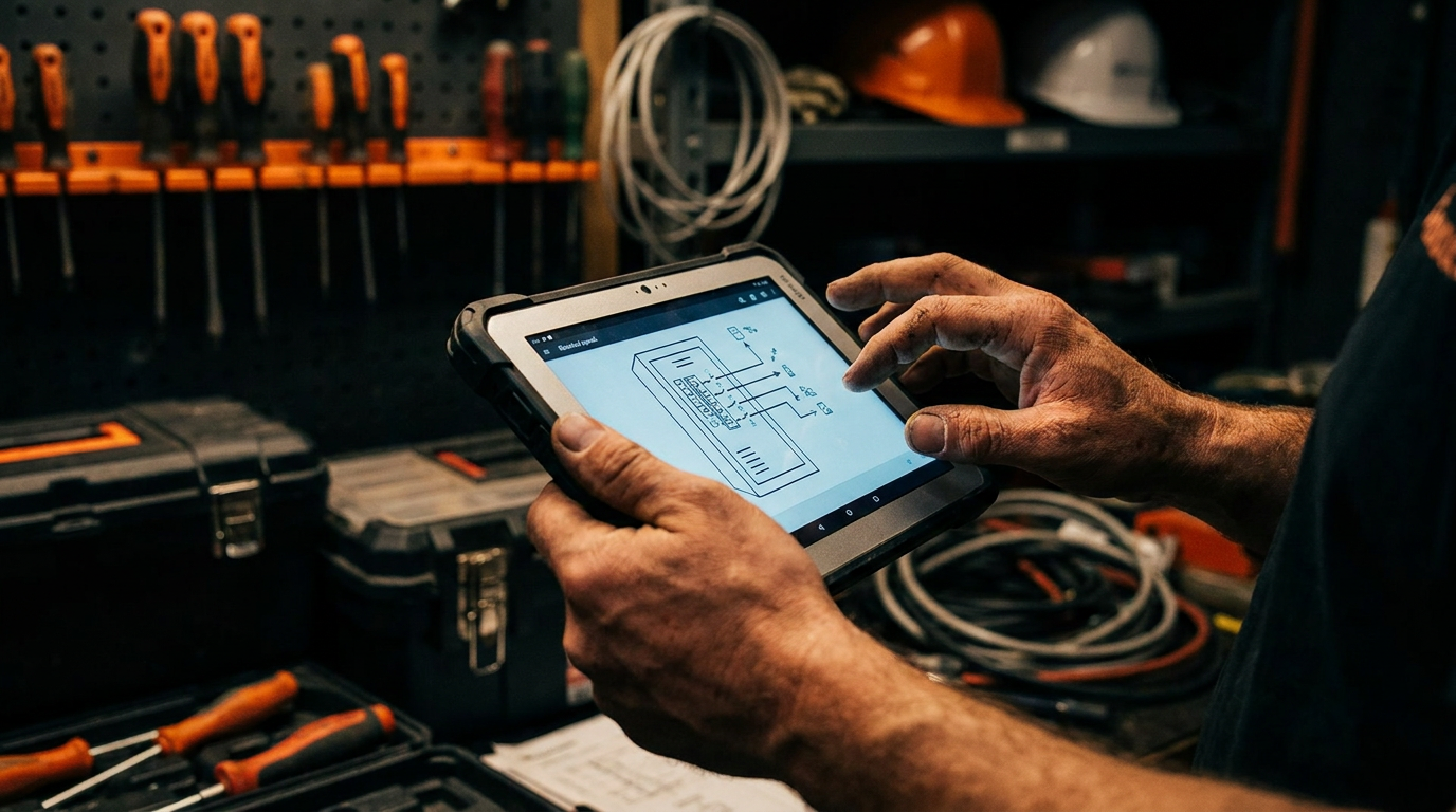 An electrician's hands holding a tablet showing how AI can create an electrical panel schedule.
