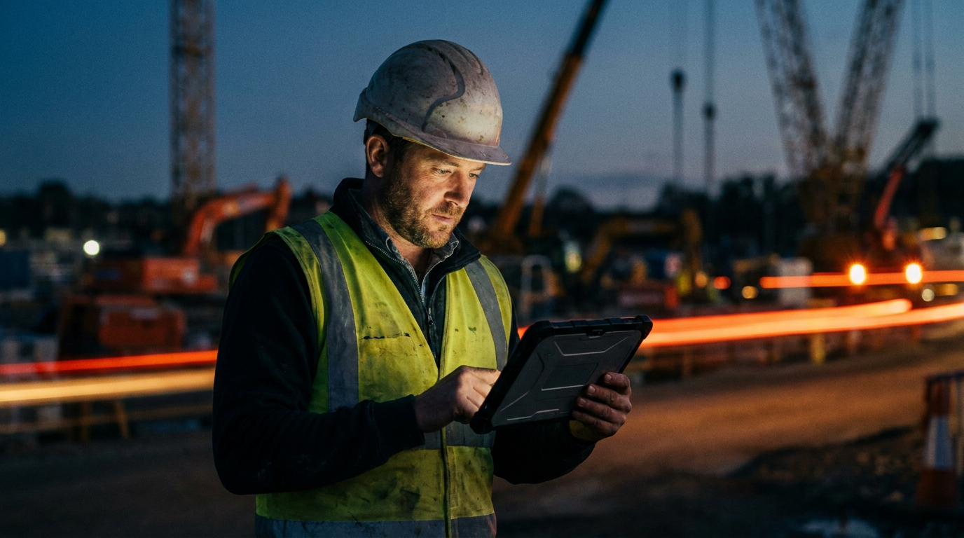 A construction manager reviews a job hazard analysis on a tablet, considering how AI can create a job hazard analysis to improve site safety.