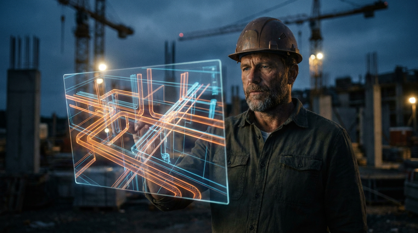 A project manager reviews an AI-generated MEP coordination plan on a futuristic holographic display at a construction site.