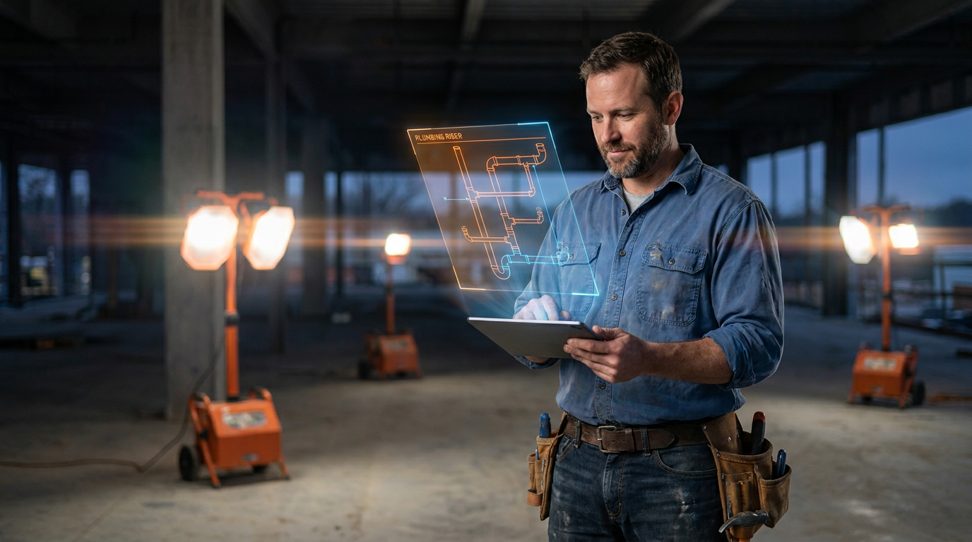 A plumber reviews a plumbing riser diagram on a tablet, considering how AI can create and assist with such plans.