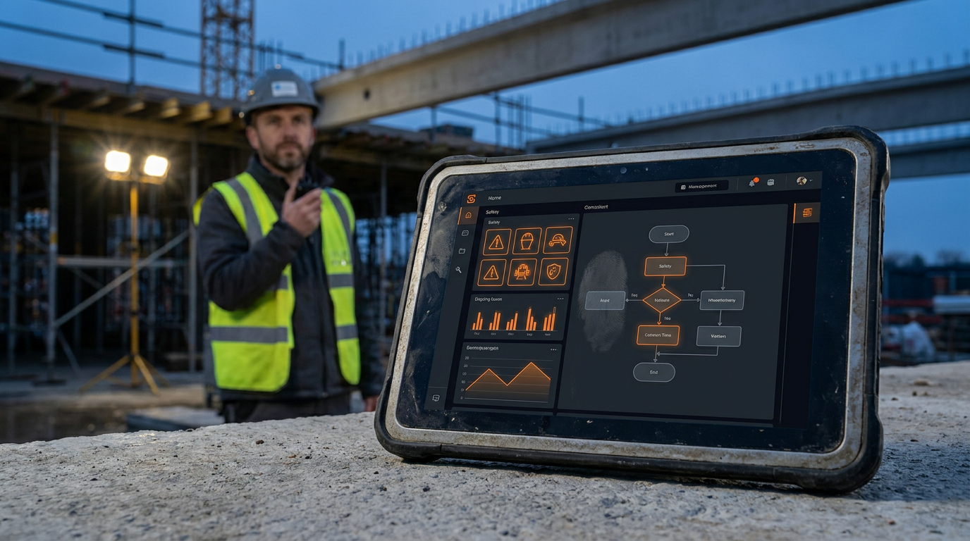 A rugged tablet on a jobsite showing how AI can create a site-specific safety plan, with a supervisor in the background.