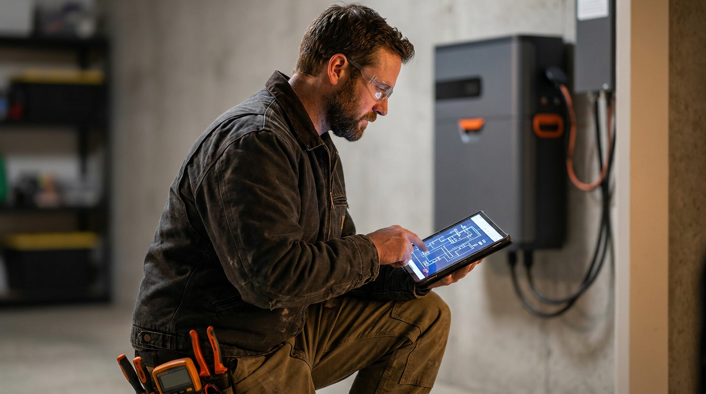 An electrician reviews plans on a tablet to design a battery energy storage system in a residential garage.