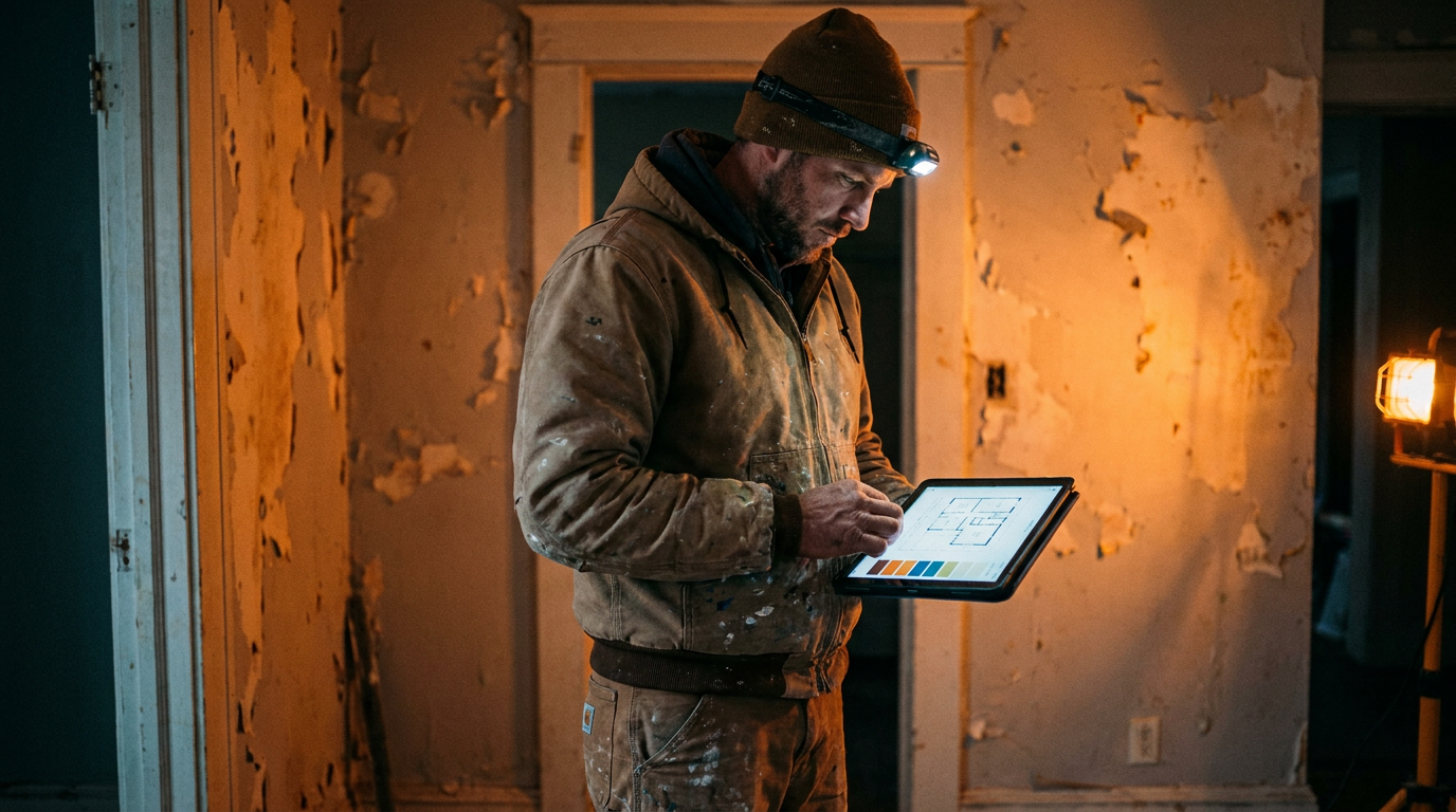 A professional painter uses a tablet on a job site, considering whether AI can detect lead paint from a photo on the wall.