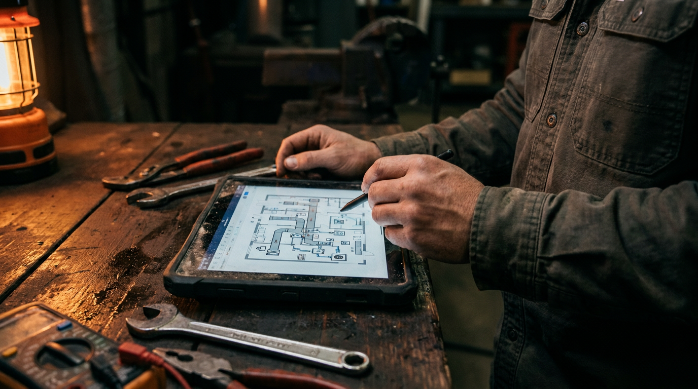 An HVAC technician reviews a floor plan on a tablet, considering how AI can generate a Manual J load calculation.