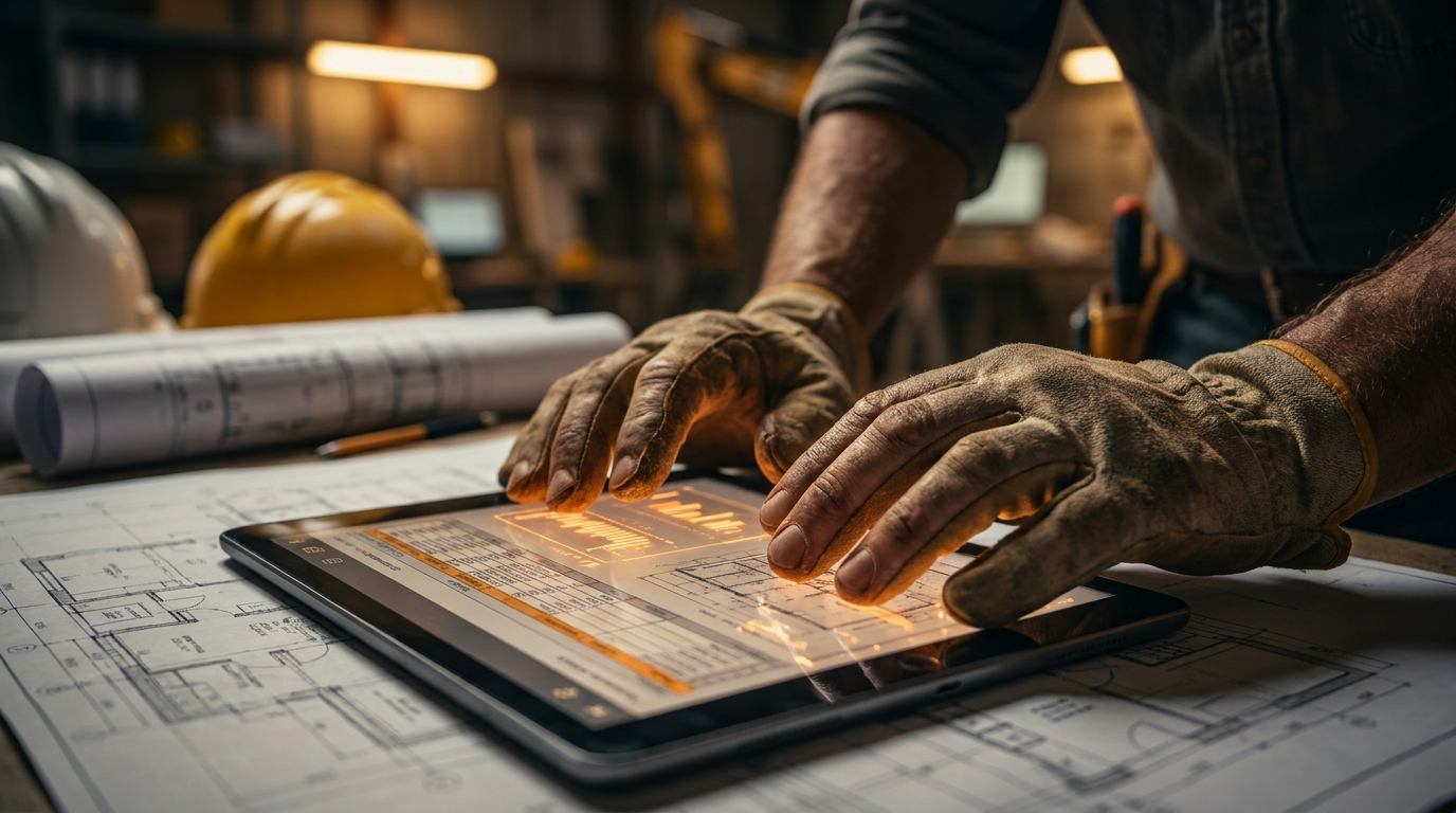 A tradesperson uses a tablet with AI to generate a material list from a blueprint PDF on a job site.