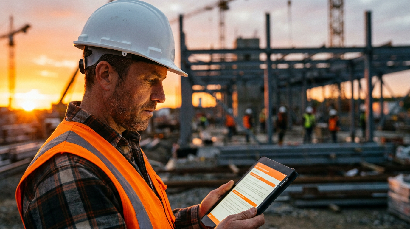 A construction supervisor reviews a safety toolbox talk on a tablet, considering if AI can generate a safety toolbox talk for his jobsite.