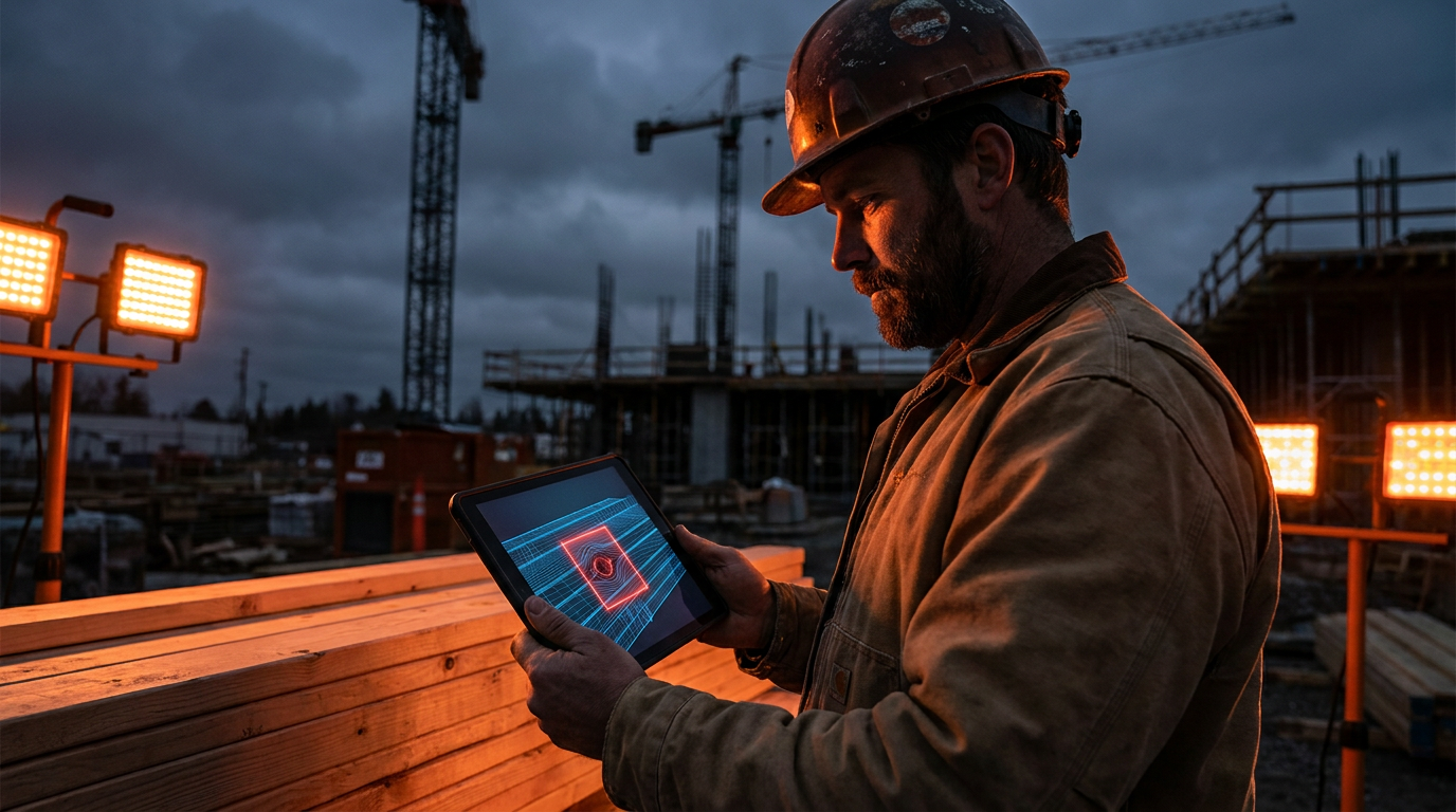 A general contractor uses a tablet with AI software to find material defects in a stack of lumber on a jobsite.