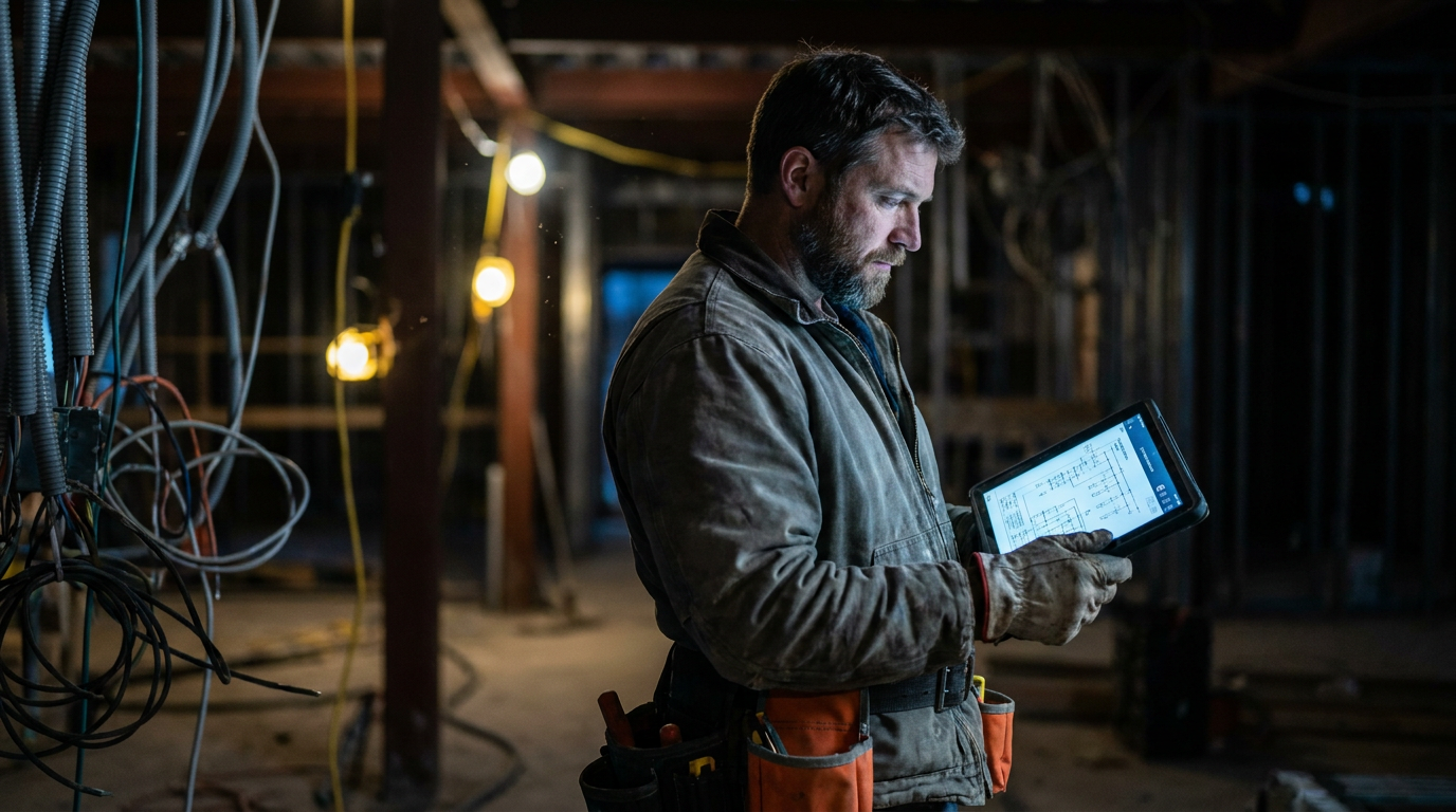 An electrician reviews plans on a tablet, considering if AI can interpret NEC code for the job.