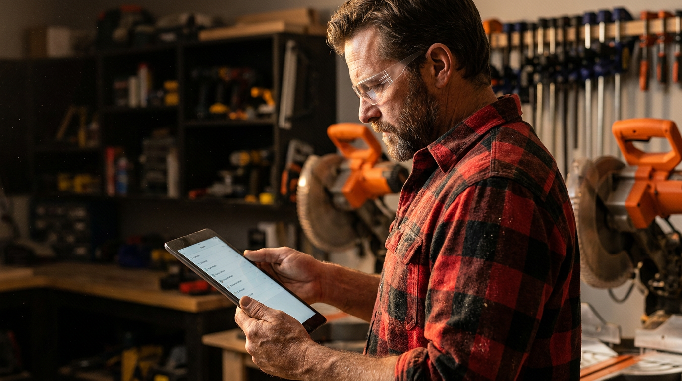 A professional cabinet maker reviewing a tablet where an AI can help create custom cabinet cut lists.