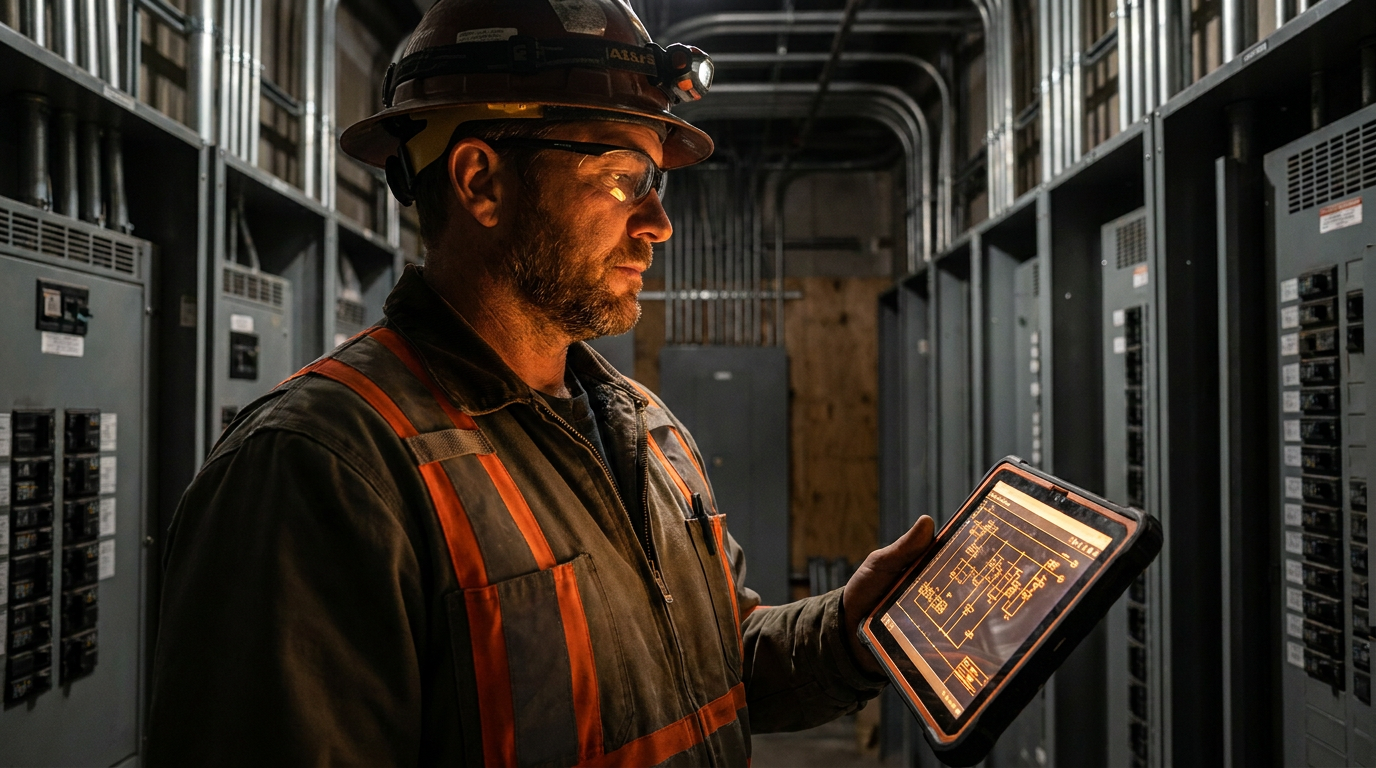 An electrician reviews data on a tablet, considering how AI can perform an arc flash hazard analysis in an industrial setting.