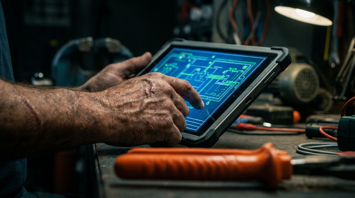 An electrician's hands holding a tablet where AI is being used to read an electrical blueprint, demonstrating the technology's application in the field.